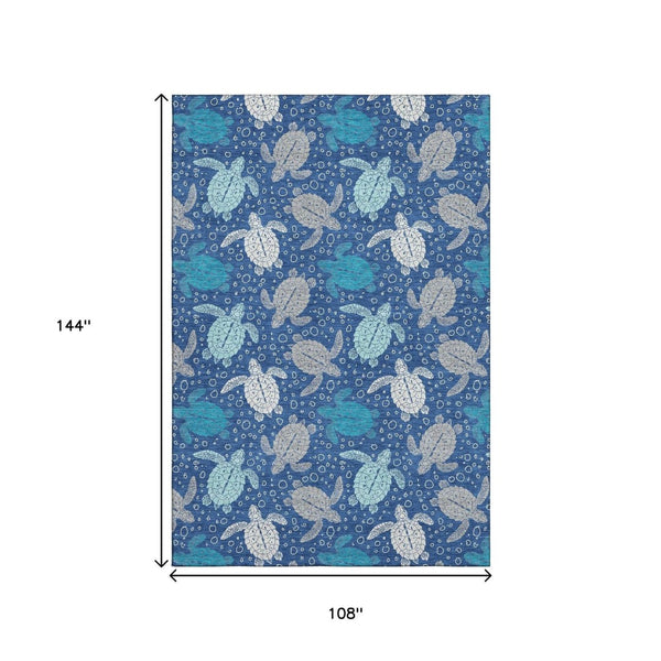 HomeRoots 9' X 12' Washable Geometric Area Rug in Blue, Ivory & Gray - UV Protected for Homes with Kids & Pets 646156