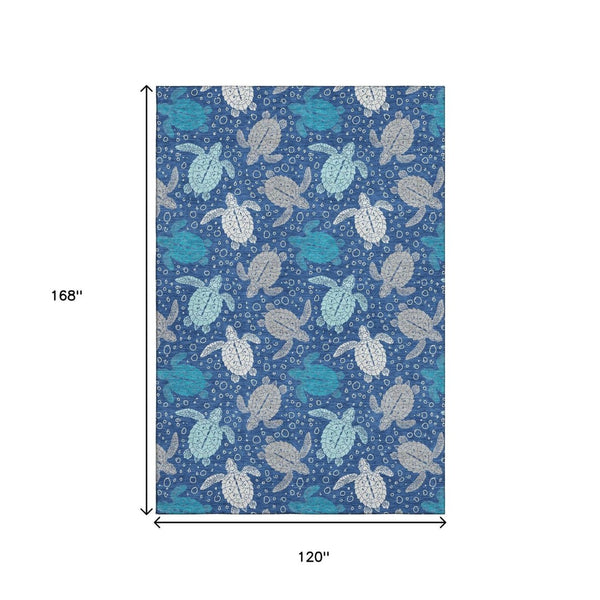 HomeRoots 10' Blue Ivory Gray Geometric Area Rug – Washable, UV Protected, Perfect for Coastal Spaces & Families 646157
