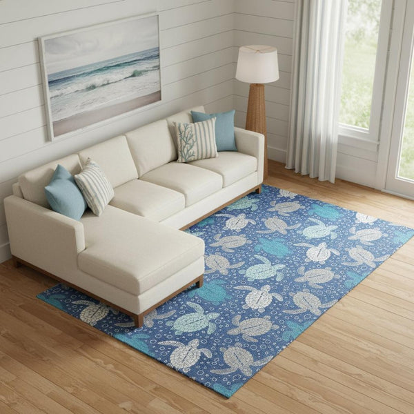 HomeRoots 10' Blue Ivory Gray Geometric Area Rug – Washable, UV Protected, Perfect for Coastal Spaces & Families 646157