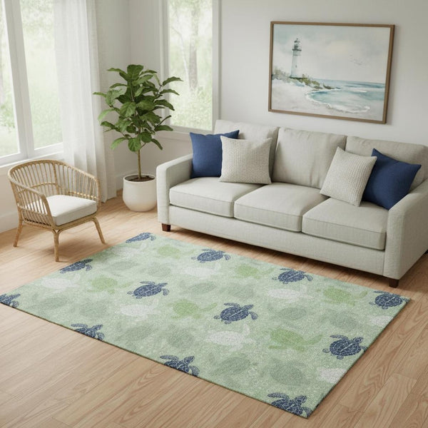 HomeRoots 5' X 8' Coastal Geometric Area Rug in Green, Ivory & Navy - Washable, UV-Protected, Stain-Resistant! 646159