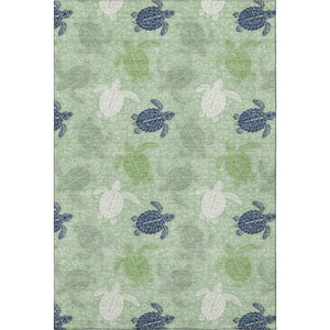 HomeRoots 5' X 8' Coastal Geometric Area Rug in Green, Ivory & Navy - Washable, UV-Protected, Stain-Resistant! 646159