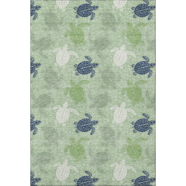 HomeRoots 5' X 8' Coastal Geometric Area Rug in Green, Ivory & Navy - Washable, UV-Protected, Stain-Resistant! 646159