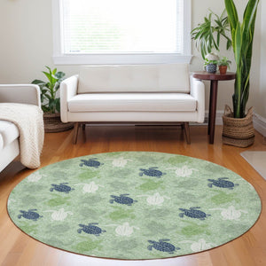 HomeRoots 8' Coastal-Inspired Green Ivory Navy Blue Geometric Washable Round Rug with UV Protection & Durability 646160