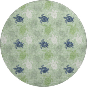 HomeRoots 8' Coastal-Inspired Green Ivory Navy Blue Geometric Washable Round Rug with UV Protection & Durability 646160