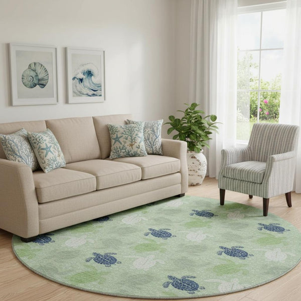 HomeRoots 8' Coastal-Inspired Green Ivory Navy Blue Geometric Washable Round Rug with UV Protection & Durability 646160