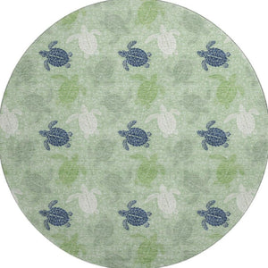 HomeRoots 8' Coastal-Inspired Green Ivory Navy Blue Geometric Washable Round Rug with UV Protection & Durability 646160