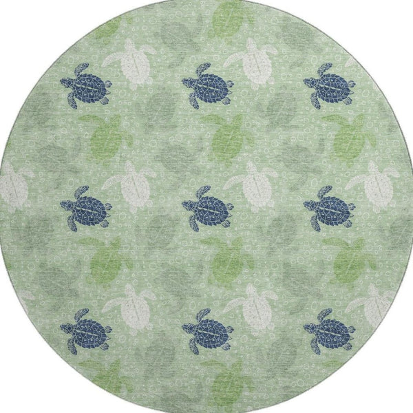 HomeRoots 8' Coastal-Inspired Green Ivory Navy Blue Geometric Washable Round Rug with UV Protection & Durability 646160