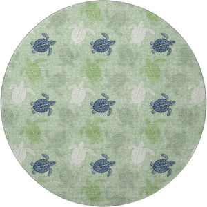 HomeRoots 8' Coastal-Inspired Green Ivory Navy Blue Geometric Washable Round Rug with UV Protection & Durability 646160