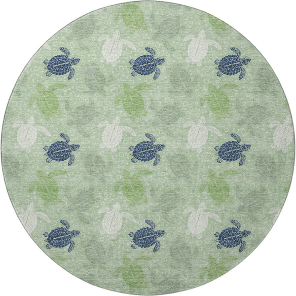 HomeRoots 8' Coastal-Inspired Green Ivory Navy Blue Geometric Washable Round Rug with UV Protection & Durability 646160