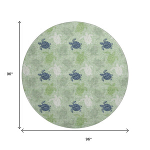 HomeRoots 8' Coastal-Inspired Green Ivory Navy Blue Geometric Washable Round Rug with UV Protection & Durability 646160