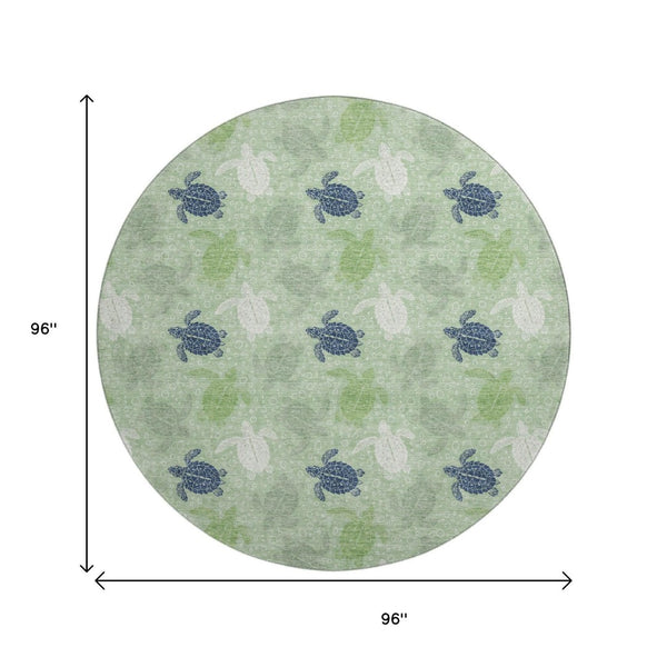 HomeRoots 8' Coastal-Inspired Green Ivory Navy Blue Geometric Washable Round Rug with UV Protection & Durability 646160