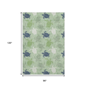 HomeRoots 8' X 10' Coastal Geometric Area Rug in Green, Ivory & Navy - Washable, UV Protected & Stain Resistant! 646161