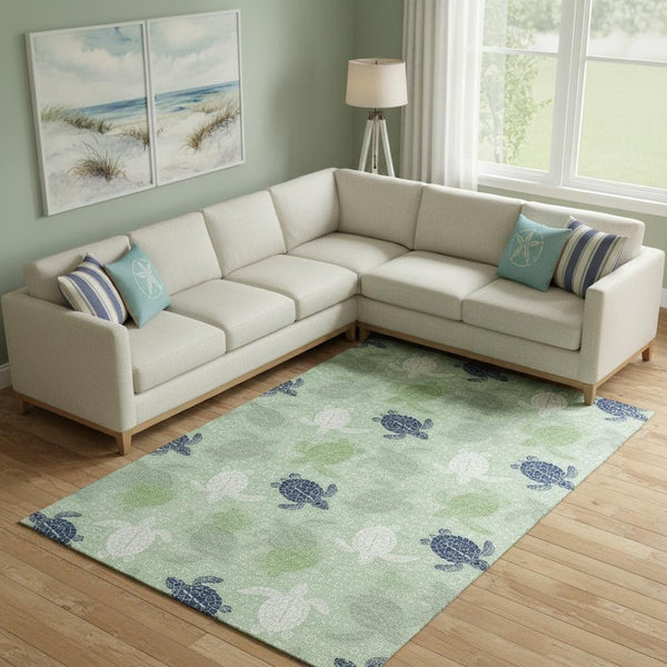HomeRoots 8' X 10' Coastal Geometric Area Rug in Green, Ivory & Navy - Washable, UV Protected & Stain Resistant! 646161
