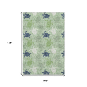 HomeRoots 9' X 12' Geometric Washable Area Rug in Green, Ivory & Navy Blue – UV Protected, Stain Resistant & Stylish! 646162