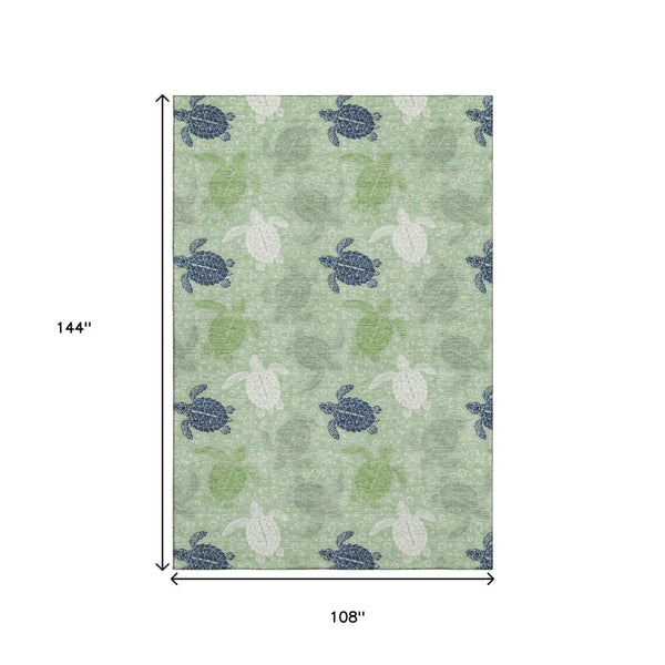 HomeRoots 9' X 12' Geometric Washable Area Rug in Green, Ivory & Navy Blue – UV Protected, Stain Resistant & Stylish! 646162
