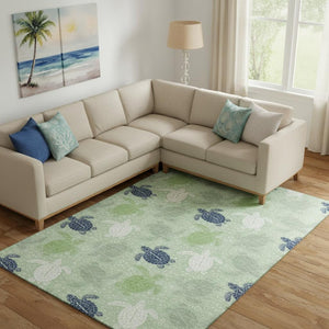 HomeRoots 9' X 12' Geometric Washable Area Rug in Green, Ivory & Navy Blue – UV Protected, Stain Resistant & Stylish! 646162