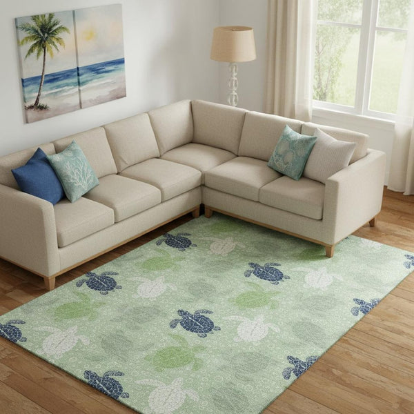 HomeRoots 9' X 12' Geometric Washable Area Rug in Green, Ivory & Navy Blue – UV Protected, Stain Resistant & Stylish! 646162