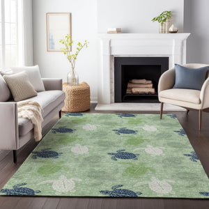 HomeRoots 9' X 12' Geometric Washable Area Rug in Green, Ivory & Navy Blue – UV Protected, Stain Resistant & Stylish! 646162