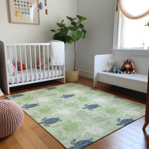 HomeRoots 10' Coastal-Inspired Green Ivory & Navy Blue Geometric Washable Area Rug with UV Protection 646163