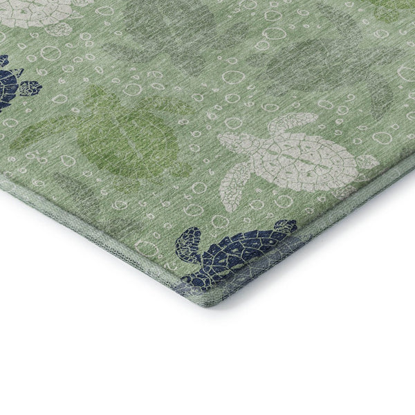 HomeRoots 10' Coastal-Inspired Green Ivory & Navy Blue Geometric Washable Area Rug with UV Protection 646163