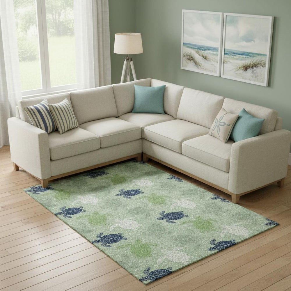 HomeRoots 10' Coastal-Inspired Green Ivory & Navy Blue Geometric Washable Area Rug with UV Protection 646163