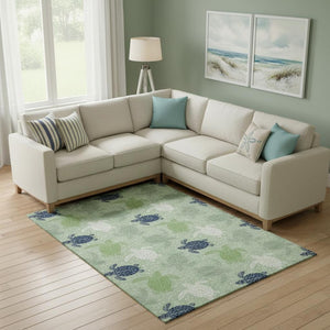 HomeRoots 10' Coastal-Inspired Green Ivory & Navy Blue Geometric Washable Area Rug with UV Protection 646163