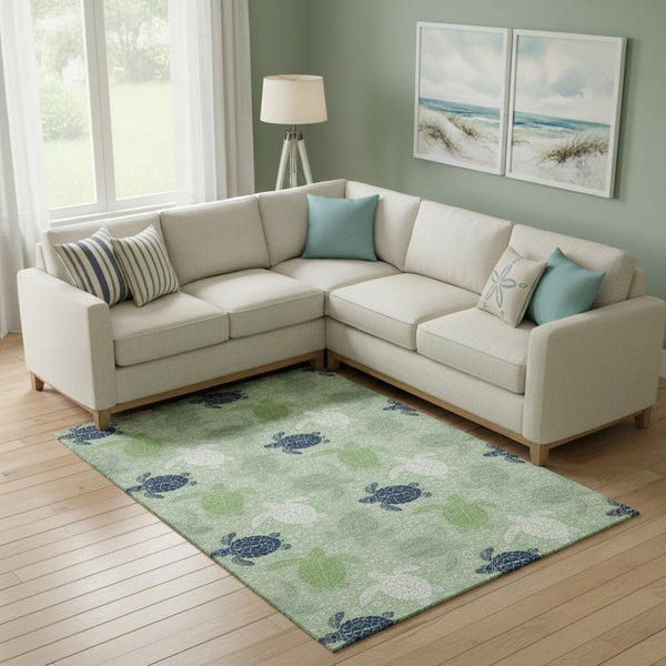 HomeRoots 10' Coastal-Inspired Green Ivory & Navy Blue Geometric Washable Area Rug with UV Protection 646163