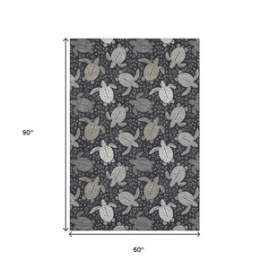 HomeRoots 5' X 8' Midnight Ivory & Gray Geometric Washable Area Rug - Stylish, Durable, UV-Protected Design 646165