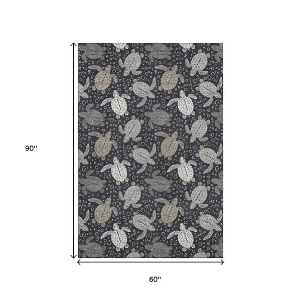 HomeRoots 5' X 8' Midnight Ivory & Gray Geometric Washable Area Rug - Stylish, Durable, UV-Protected Design 646165