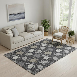 HomeRoots 5' X 8' Midnight Ivory & Gray Geometric Washable Area Rug - Stylish, Durable, UV-Protected Design 646165