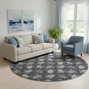 HomeRoots 8' Contemporary Midnight Ivory & Gray Geometric Round Rug - Washable, UV Protected & Stain Resistant 646166