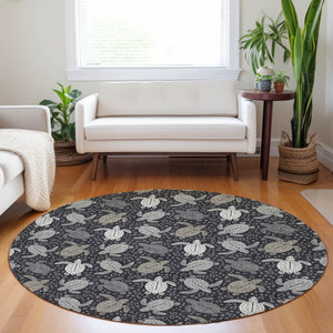 HomeRoots 8' Contemporary Midnight Ivory & Gray Geometric Round Rug - Washable, UV Protected & Stain Resistant 646166