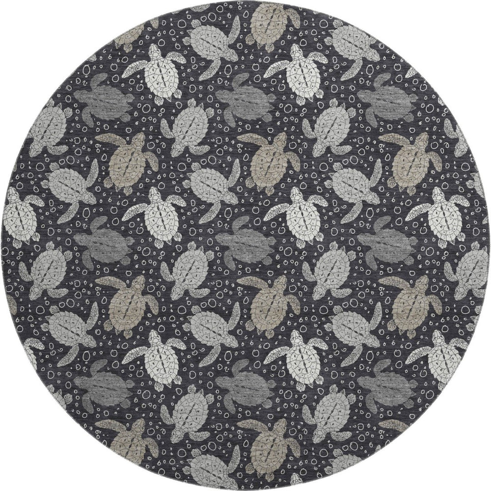 HomeRoots 8' Contemporary Midnight Ivory & Gray Geometric Round Rug - Washable, UV Protected & Stain Resistant 646166