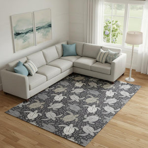 HomeRoots 9' X 12' Stylish Midnight Ivory and Gray Geometric Area Rug - Washable, UV Protected, Stain-Resistant 646168