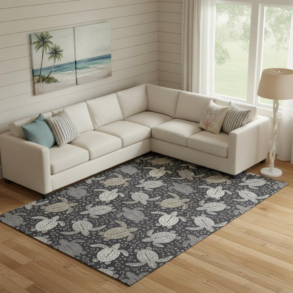 HomeRoots 10' X 14' Modern Coastal Geometric Area Rug in Midnight Ivory & Gray – Washable, UV Protected & Durable 646169