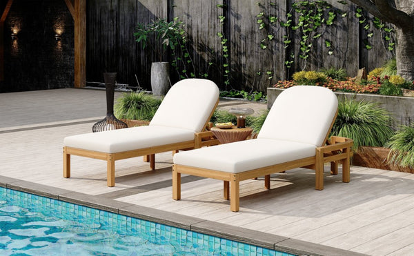 English Elm Trexm Outdoor Acacia Wood Reclining Chaise Set Poolside Patio Lounger Pair Light Teak TM000032AAD