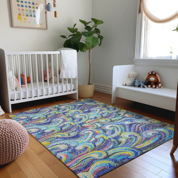 HomeRoots 5' X 8' Pacific Blue Geometric Washable Area Rug with UV Protection for Kids & Pets – Durable Style! 646189