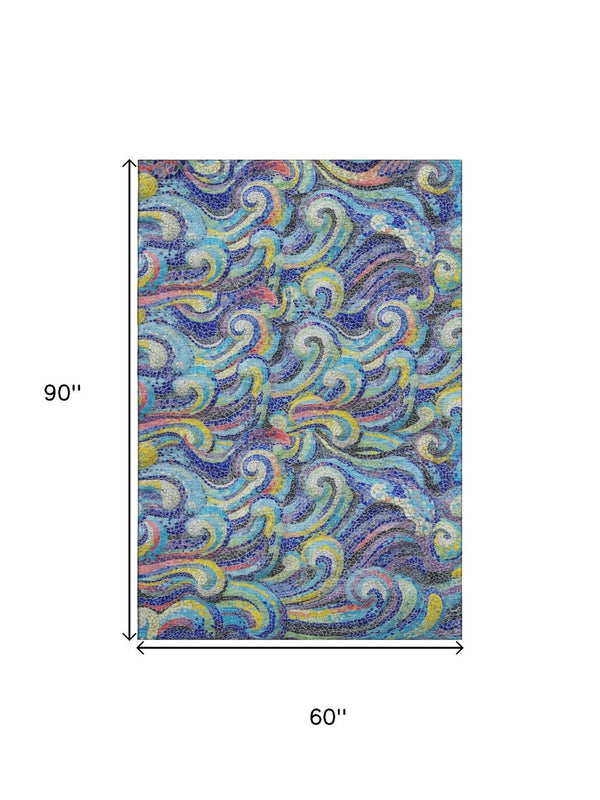 HomeRoots 5' X 8' Pacific Blue Geometric Washable Area Rug with UV Protection for Kids & Pets – Durable Style! 646189