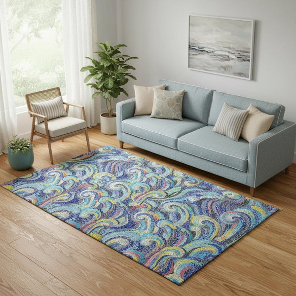 HomeRoots 5' X 8' Pacific Blue Geometric Washable Area Rug with UV Protection for Kids & Pets – Durable Style! 646189