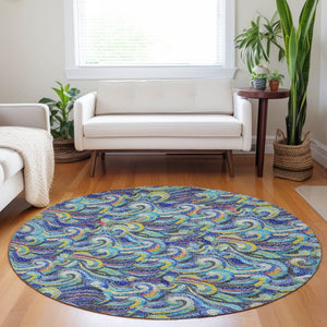 HomeRoots 8' Coastal Charm Round Rug in Pacific Blue, Ivory & Yellow - Washable, UV Protected, Stain-Resistant! 646190