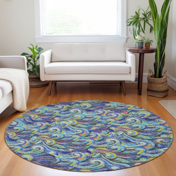 HomeRoots 8' Coastal Charm Round Rug in Pacific Blue, Ivory & Yellow - Washable, UV Protected, Stain-Resistant! 646190