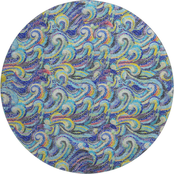 HomeRoots 8' Coastal Charm Round Rug in Pacific Blue, Ivory & Yellow - Washable, UV Protected, Stain-Resistant! 646190