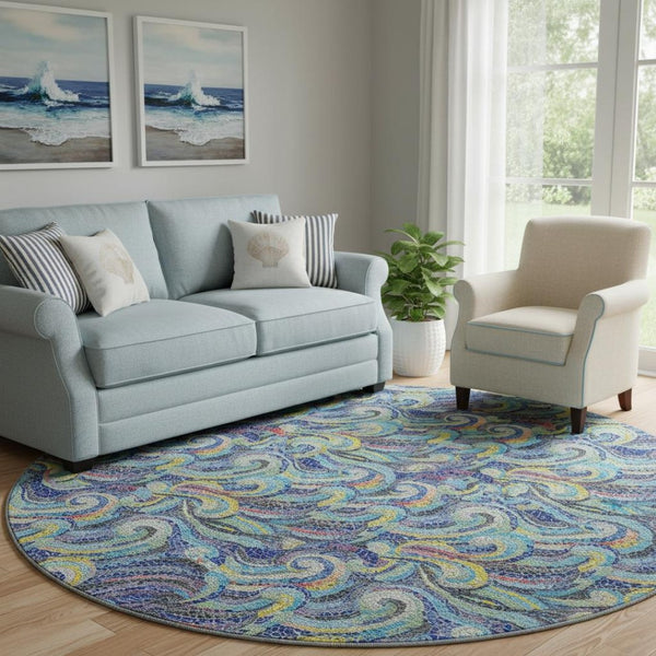HomeRoots 8' Coastal Charm Round Rug in Pacific Blue, Ivory & Yellow - Washable, UV Protected, Stain-Resistant! 646190
