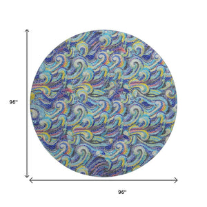 HomeRoots 8' Coastal Charm Round Rug in Pacific Blue, Ivory & Yellow - Washable, UV Protected, Stain-Resistant! 646190