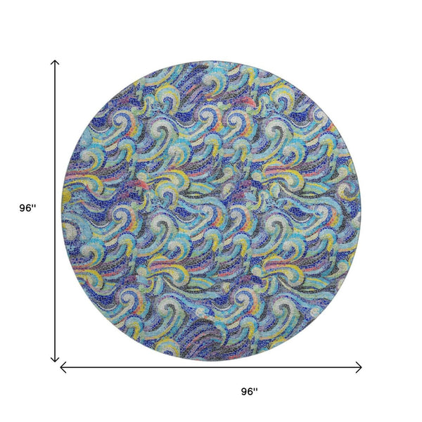 HomeRoots 8' Coastal Charm Round Rug in Pacific Blue, Ivory & Yellow - Washable, UV Protected, Stain-Resistant! 646190