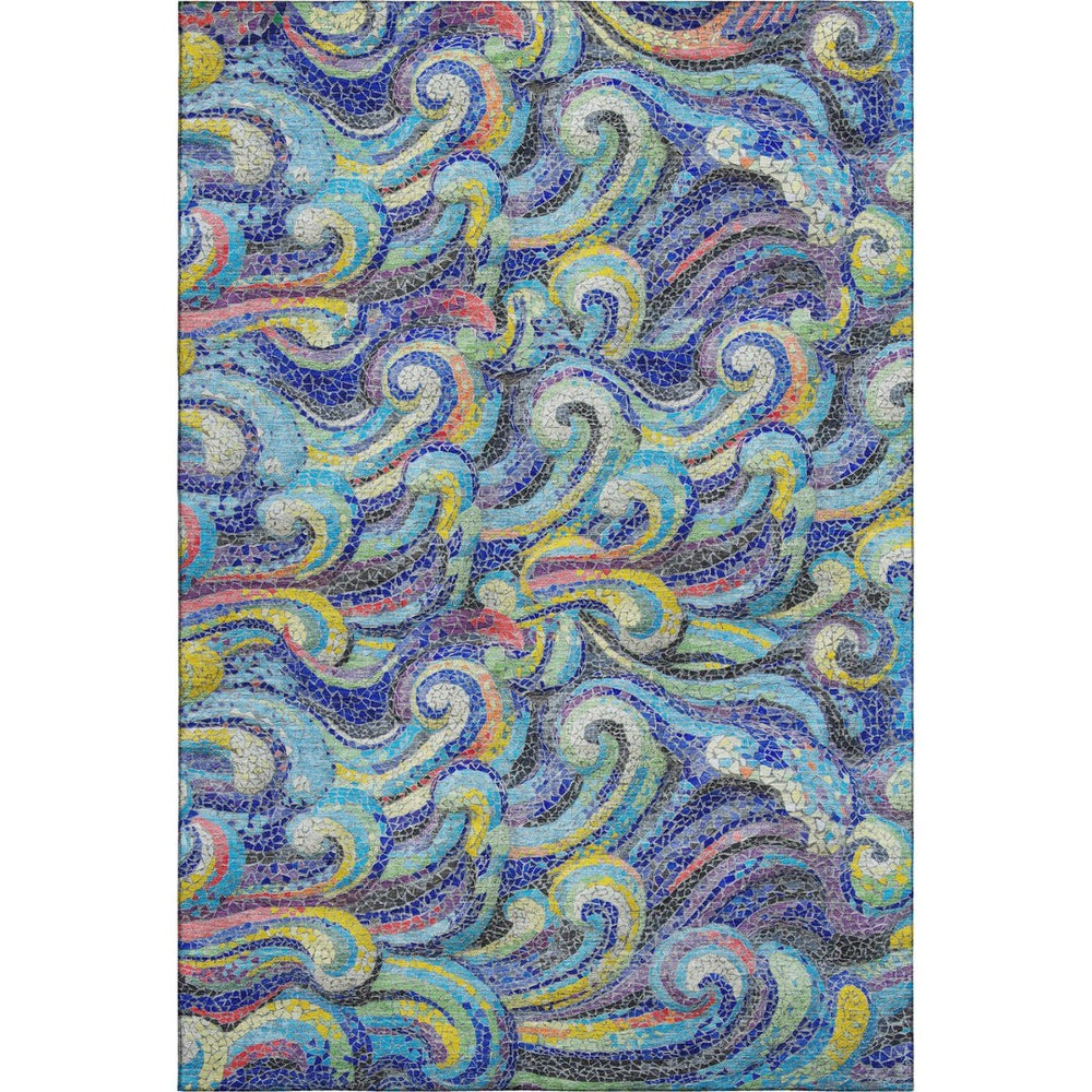 HomeRoots 8' x 10' Washable Geometric Area Rug in Pacific Blue, Ivory & Yellow – UV Protected & Stain Resistant! 646191