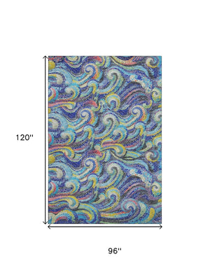 HomeRoots 8' x 10' Washable Geometric Area Rug in Pacific Blue, Ivory & Yellow – UV Protected & Stain Resistant! 646191