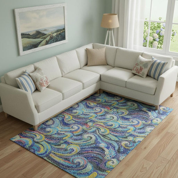 HomeRoots 8' x 10' Washable Geometric Area Rug in Pacific Blue, Ivory & Yellow – UV Protected & Stain Resistant! 646191