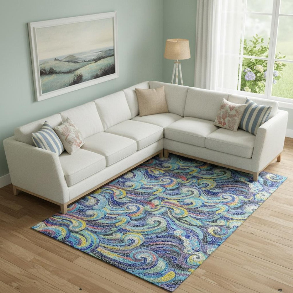 HomeRoots 9' X 12' Pacific Blue, Ivory & Yellow Geometric Washable Area Rug - UV Protected, Easy-Care Design 646192