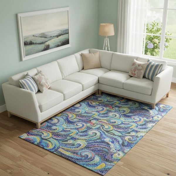 HomeRoots 9' X 12' Pacific Blue, Ivory & Yellow Geometric Washable Area Rug - UV Protected, Easy-Care Design 646192